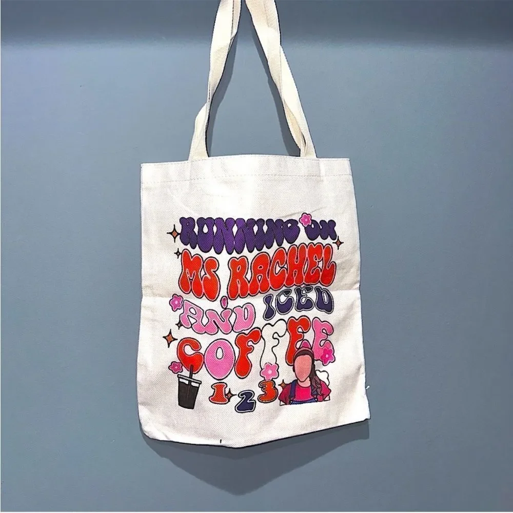 RUNNING ON MS. RACHEL AND ICED COFFEE TOTE BAG